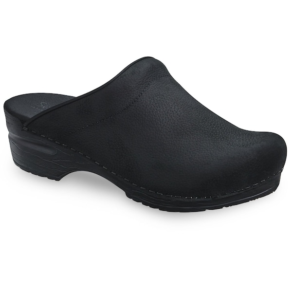 Women's Open Back Clog, Textured Oiled leather Upper, Polyurethane Outsole, Black, Size 5.5-6 M